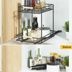 ESOW Pull Out Cabinet Organizer with 2 Tier, Heavy Duty Under Sink Slide Out Storage Shelf with Wooden Handle in Kitchen, Bathroom, Pantry, 12.79" W x16.5 D x16.14 H, SUS304 Matte Black