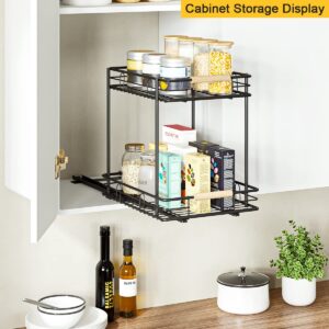 ESOW Pull Out Cabinet Organizer with 2 Tier, Heavy Duty Under Sink Slide Out Storage Shelf with Wooden Handle in Kitchen, Bathroom, Pantry, 12.79" W x16.5 D x16.14 H, SUS304 Matte Black