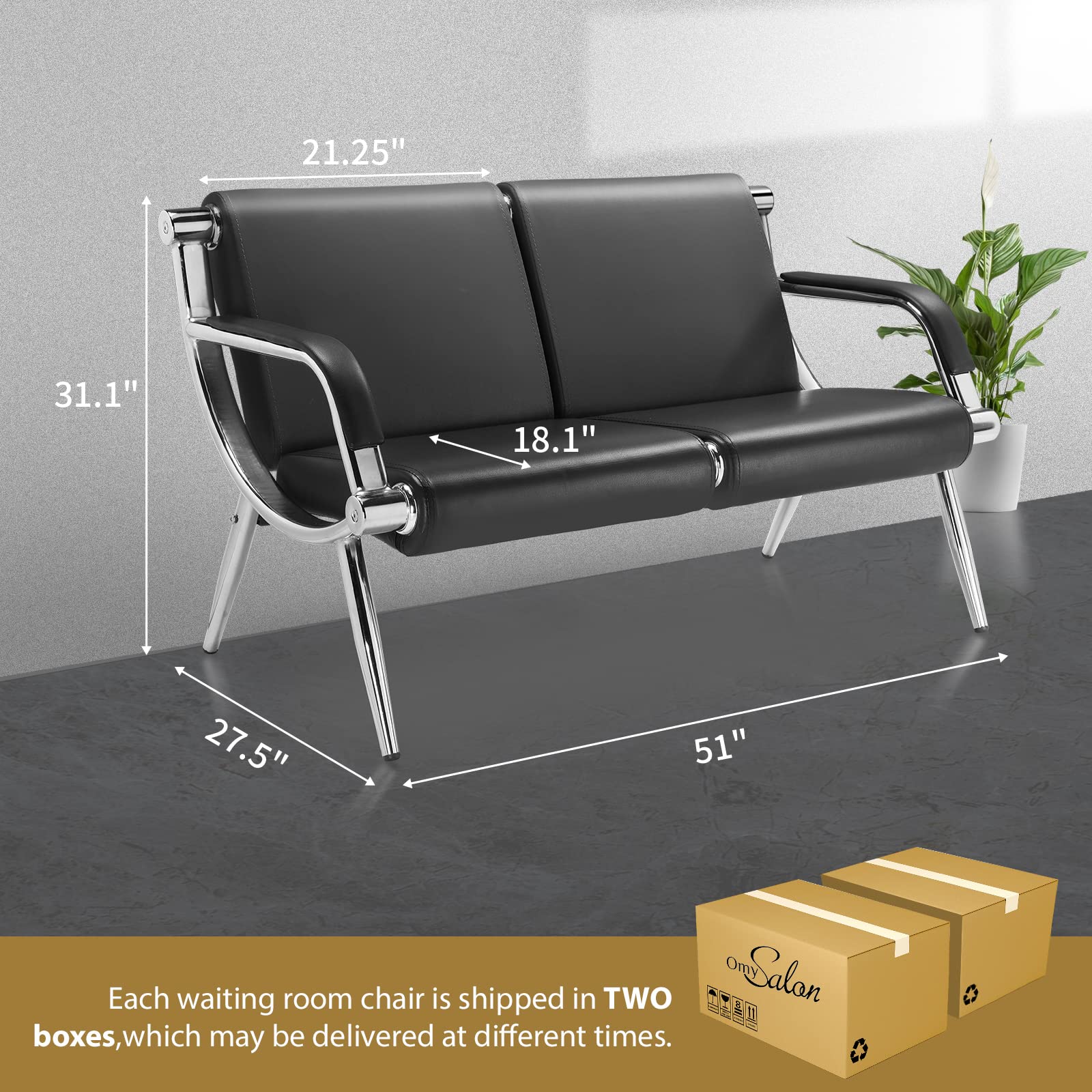 OmySalon Waiting Room Reception Bench, PU Leather Furniture Guest Seating Lobby Conference Chairs with Armrest for Clinic Office Airport Barber Salon Bank(2 x 2 seat + 1 x 3 seat)