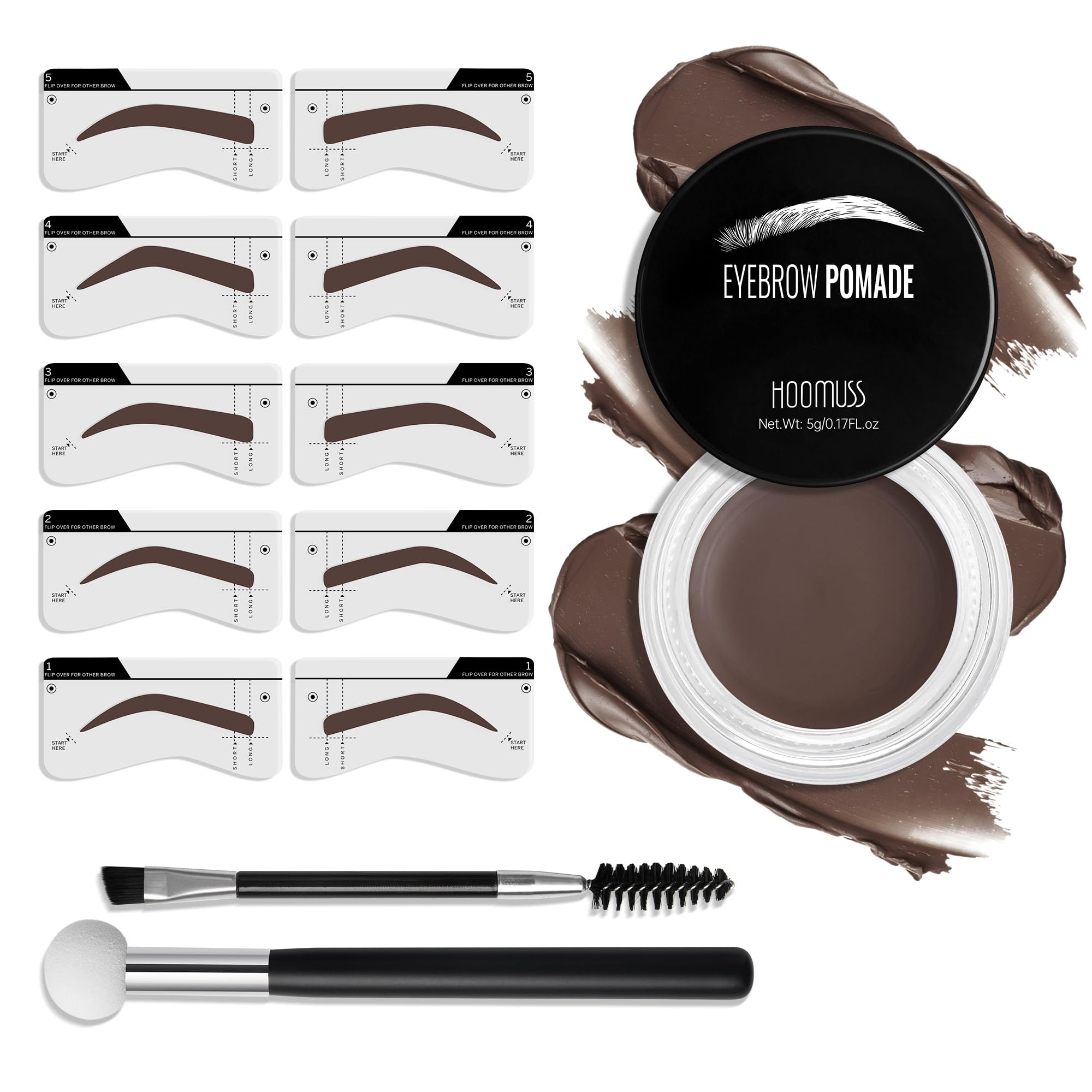 Eyebrow Stamp Stencil Kit, Brow Stamp Trio Kit with Pomade, 10 Eyebrow Stencils, Dual-ended Eyebrow Brush and Sponge Applicator (Dark Brown-B)