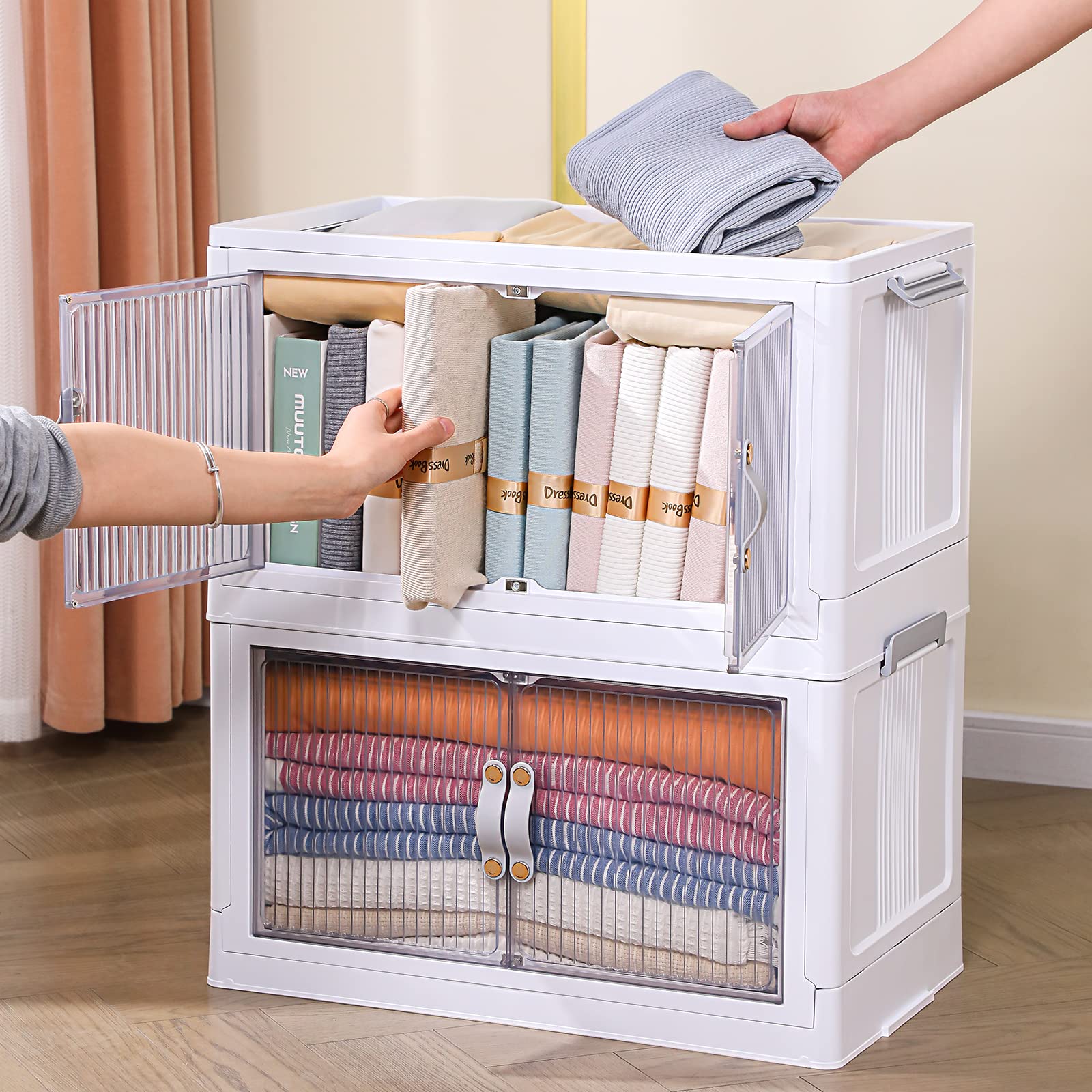 JOYBOS 3 Pack Stackable Storage Bins with Lids and Doors and Wheels -32 Gal Plastic Storage Bins,White Closet Organizers and Storage,Dual Open Doors Collapsible Storage Bins for Home and Office