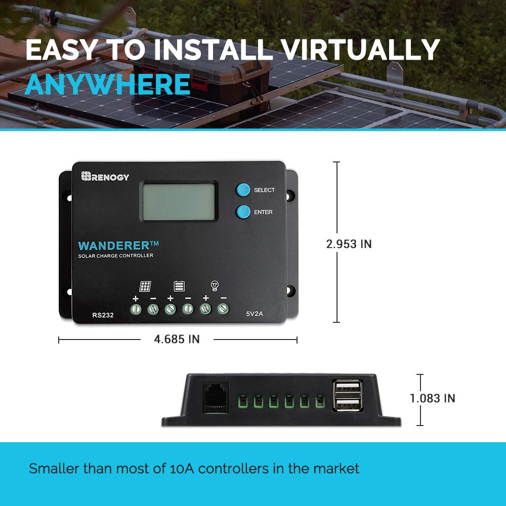 Renogy 10 Amp 12V/24V PWM Negative Ground Solar Charge Controller Compact Design w/LCD Display, Wanderer 10A & RNG-AK-10FT-12 Adaptor kit 10ft. 12 AWG Solar Cable PV