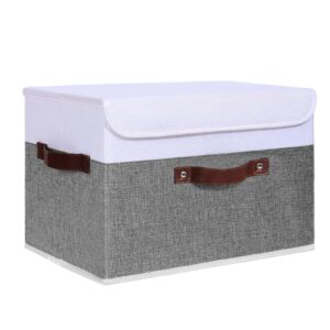 lamorée fabric storage bin with lid faux leather handle foldable cotton linen storage basket rectangular cube box decorative lidded home office laundry closet organizer – gray and white, large