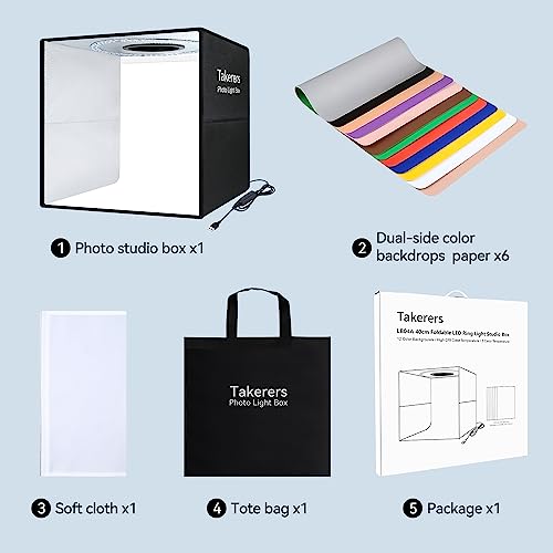 Photo Studio Light Box, Takerers 16"x16"x16" Portable Professional 3200-6500k Dimmable Shooting Tent Kit with 160 LED & 6 Kinds of Double-Sided Color Backdrops for Product Photography