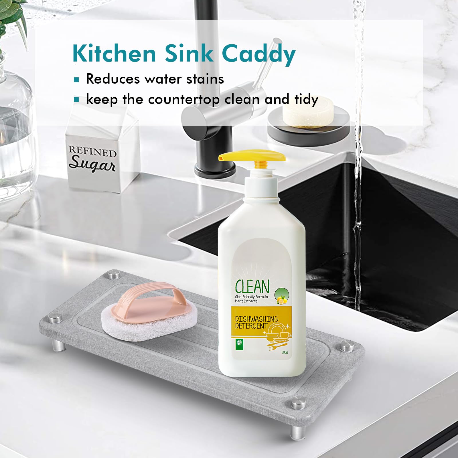 FEEGOO Sink Caddy Instant Dry Stone Sink Organizer for Kitchen Counter Diatomaceous Earth Sink Tray for Bathroom Fast Drying Soap Sponge holder Stainless Steel Feet with Rubber Bottom