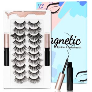 magnetic eyelashes kit,reusable magnetic lashes natural look and long lasting,10 pairs lightweight false eyelashes with eyeliner＆tweezers, easy to wear, no glue needed …