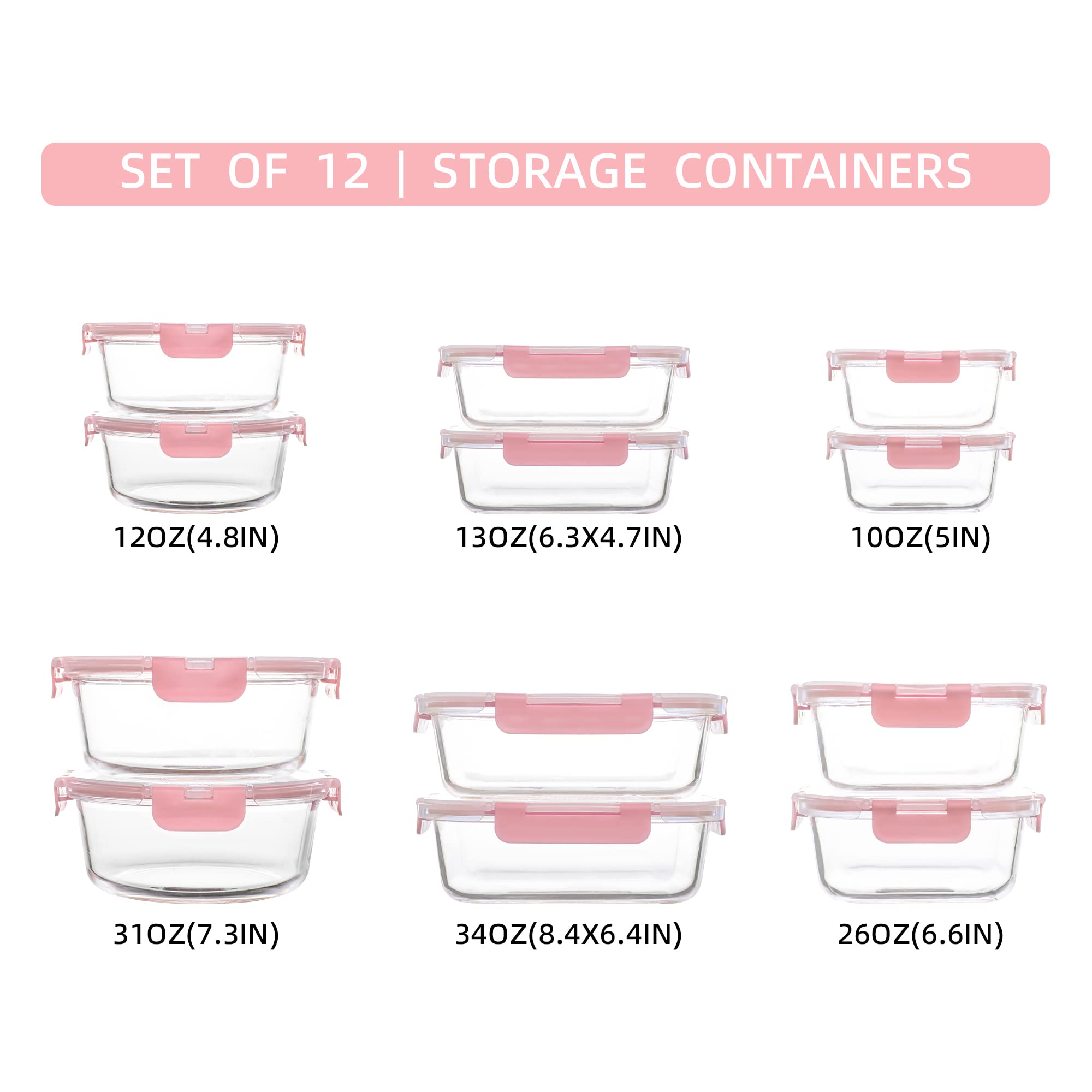 FAWLES 12 Pack Glass Storage Containers with Lids, Leak-Proof Meal Prep Containers, Dishwasher/Microwave/Oven/Freezer Safe Glass Food Storage Containers for Leftovers, to Go