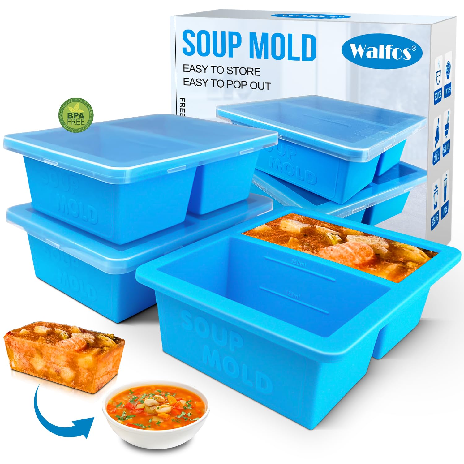 Walfos Silicone Soup Freezer Container, 1-Cup Soup Freezer Cube Tray with Lid Prevents Freezer Odo, 3 Pcs Soup Freezer Molds, Perfect For Storing and Freezing Soup, Broth, Sauce