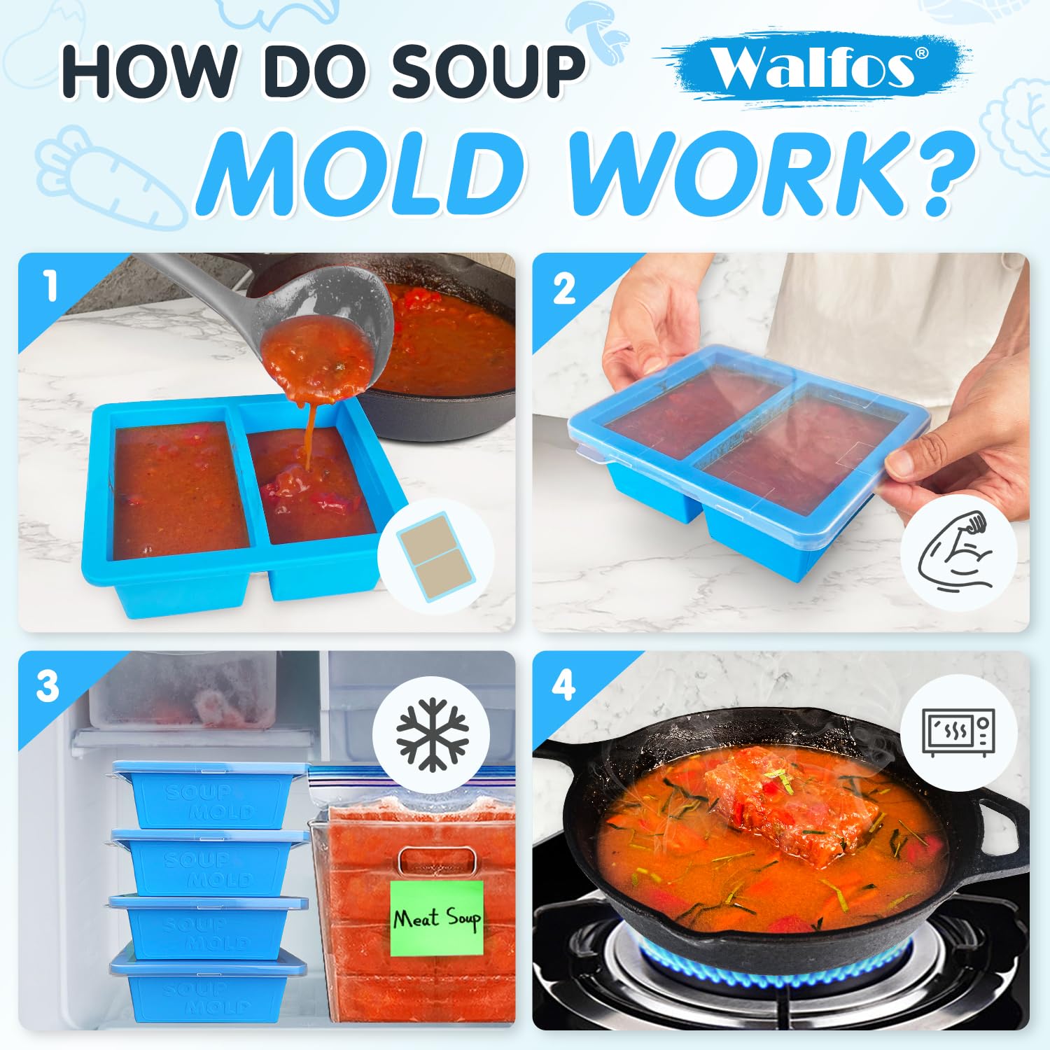 Walfos Silicone Soup Freezer Container, 1-Cup Soup Freezer Cube Tray with Lid Prevents Freezer Odo, 3 Pcs Soup Freezer Molds, Perfect For Storing and Freezing Soup, Broth, Sauce