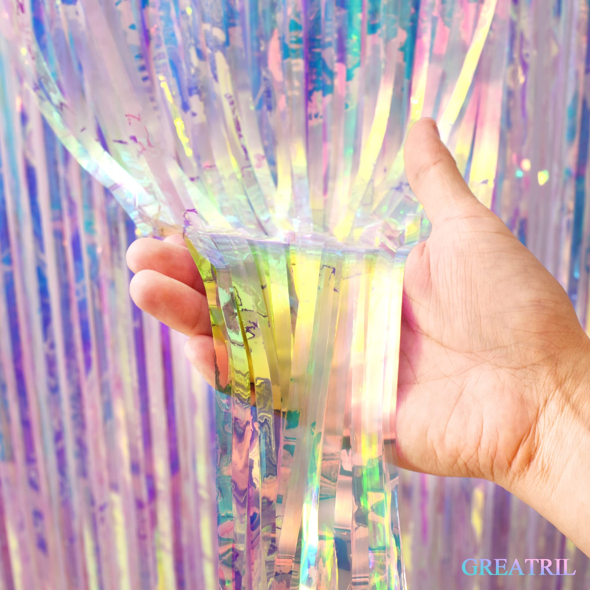 Iridescent Party Streamers Backdrop - GREATRIL Neon Transparent Holographic Tinsel Foil Fringe Curtain for Mermaid/Frozen/Sea/Euphoria/ERAS Party Theme Decorations 2 PCS