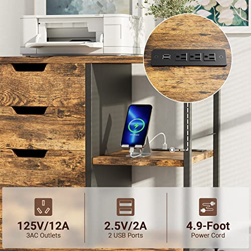 YaFiti Office File Cabinet, 3 Drawer Lateral Filing Cabinet with Socket and USB Charging Port, Printer Stand with Open Storage Shelves fits A4 or Letter Size, Rustic Brown