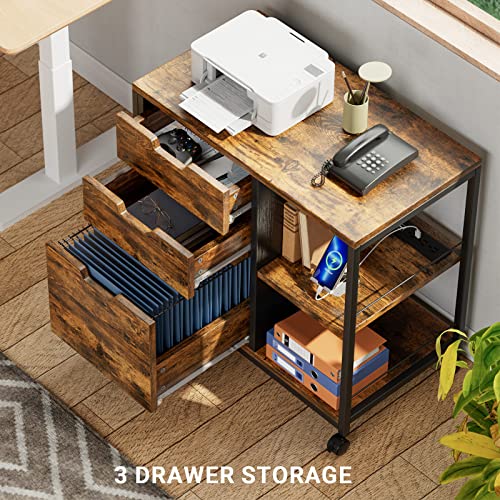 YaFiti Office File Cabinet, 3 Drawer Lateral Filing Cabinet with Socket and USB Charging Port, Printer Stand with Open Storage Shelves fits A4 or Letter Size, Rustic Brown