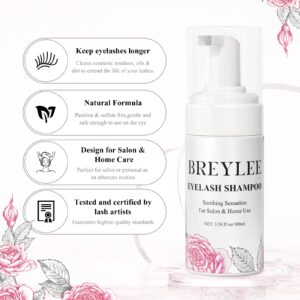 BREYLEE 100 ml Lash Shampoo for Lash Extensions, Lash Fan Dryer+Rinse Bottle+Brushes+Cotton Puff, Eyelash Extension Cleanser, Lash Bath Wash Soap Foam Cleaner for Salon and Home Use