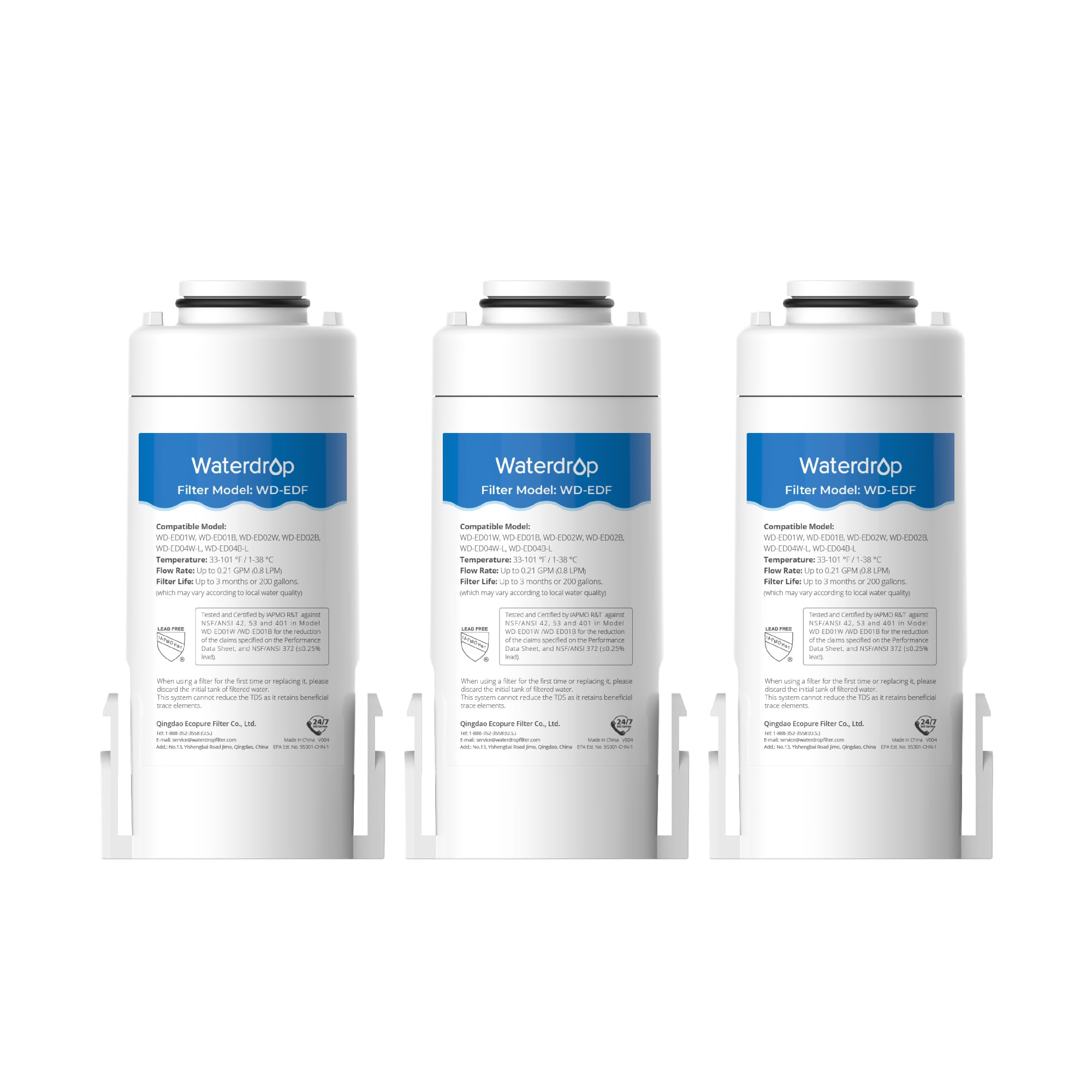 Waterdrop WD-EDF Replacement Filters for All Waterdrop 𝐄𝐥𝐞𝐜𝐭𝐫𝐢𝐜 Pitcher, WD-ED01W, WD-ED01B, Last Up to 3 Months or 200 Gallons, NSF/ANSI 401&53&42, Reduce Chlorine, Lead, PFAS (Pack of 3)