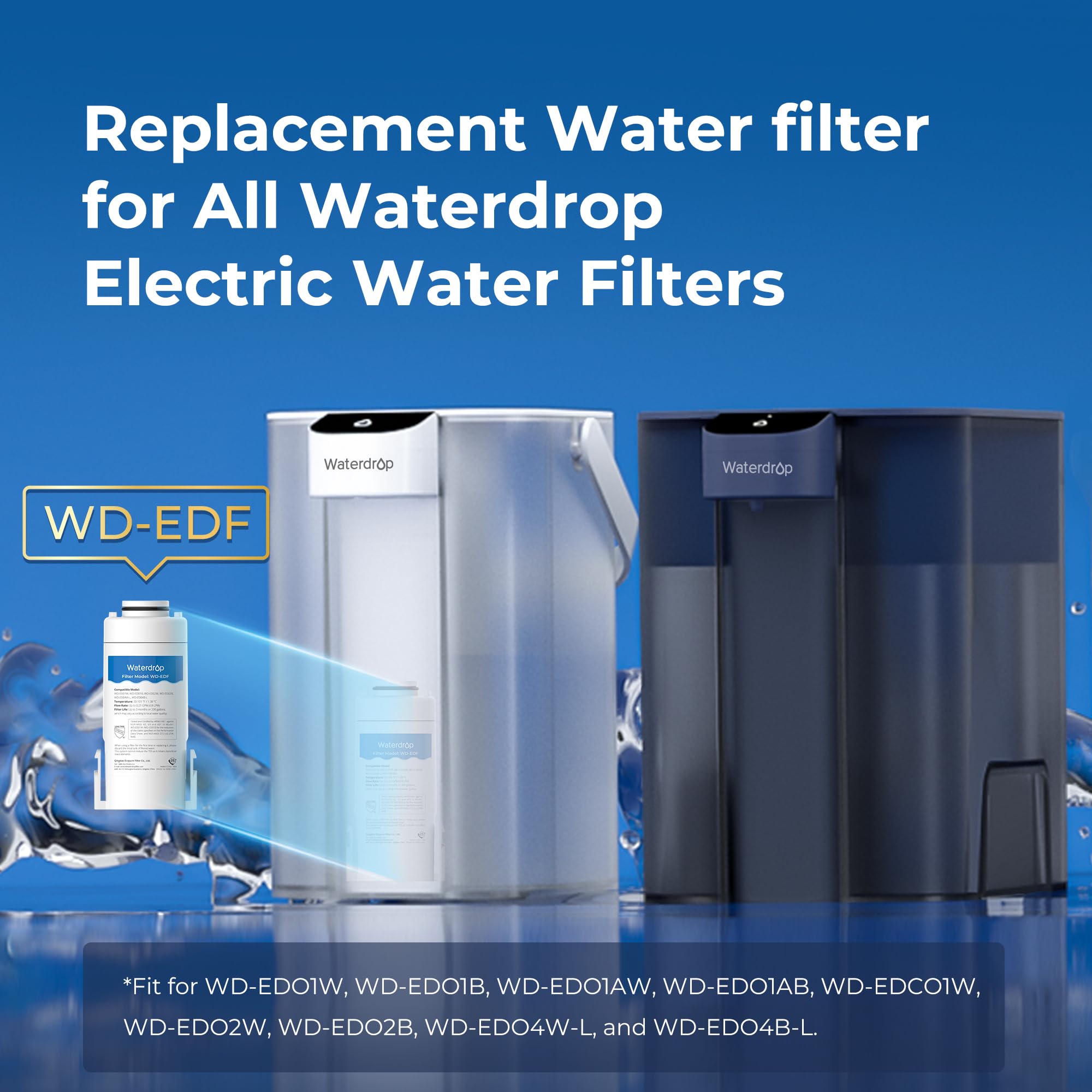 Waterdrop WD-EDF Replacement Filters for All Waterdrop 𝐄𝐥𝐞𝐜𝐭𝐫𝐢𝐜 Pitcher, WD-ED01W, WD-ED01B, Last Up to 3 Months or 200 Gallons, NSF/ANSI 401&53&42, Reduce Chlorine, Lead, PFAS (Pack of 3)