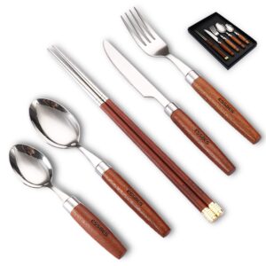 essbes 5-pcs wooden handle silverware set - stainless steel flatware set with fork, spoon, knife, dessert spoon, chopsticks and delicate gift box, portable cutlery set for home kitchen hotel & gift