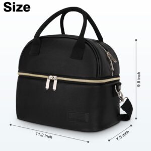 BALORAY Lunch Bag for Women Men, Double Deck Lunch Box for Adults, PU Leather Lunch Tote Bag Insulated Lunch Bags with Strap for Work Office Picnic (Solid Black)