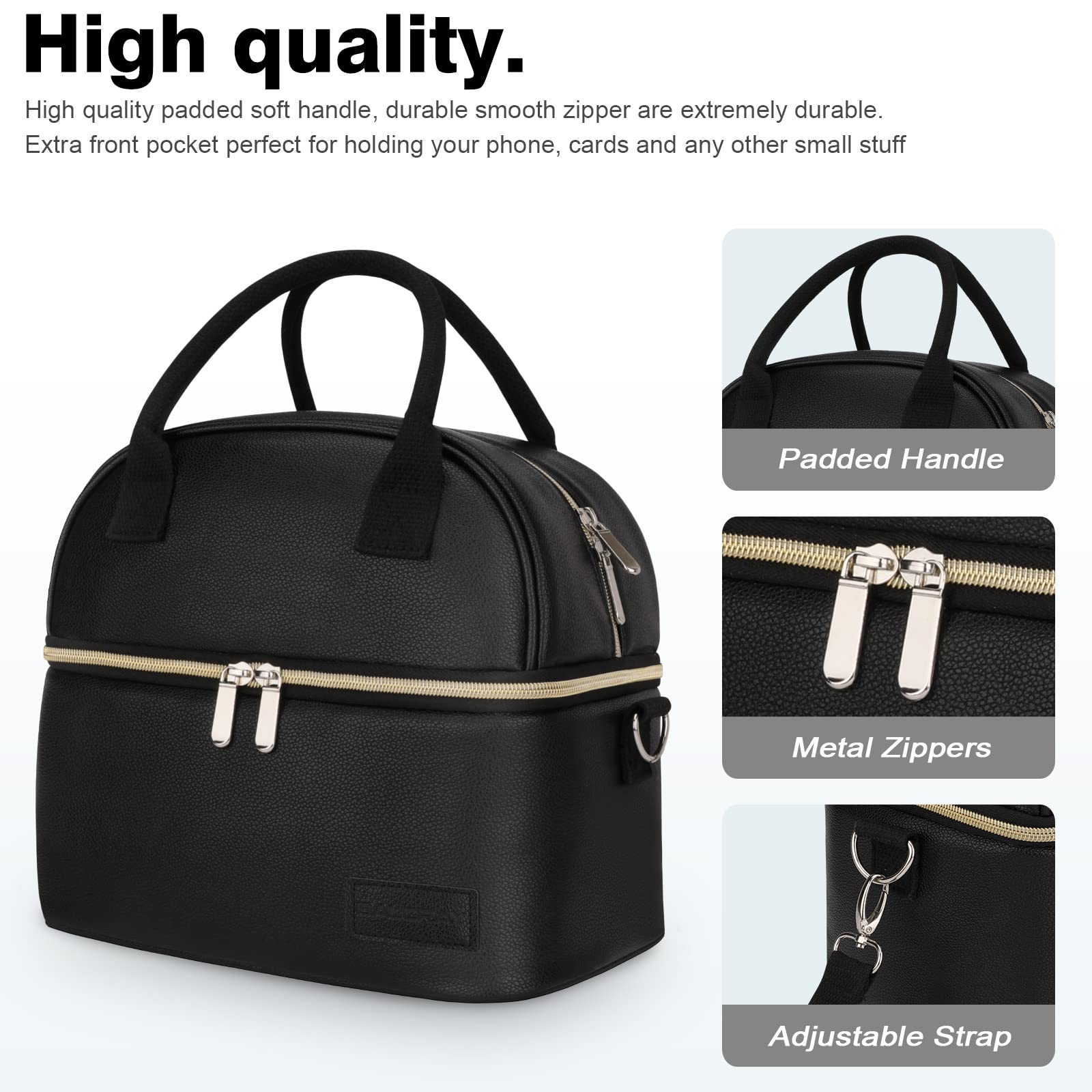 BALORAY Lunch Bag for Women Men, Double Deck Lunch Box for Adults, PU Leather Lunch Tote Bag Insulated Lunch Bags with Strap for Work Office Picnic (Solid Black)