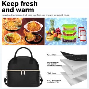 BALORAY Lunch Bag for Women Men, Double Deck Lunch Box for Adults, PU Leather Lunch Tote Bag Insulated Lunch Bags with Strap for Work Office Picnic (Solid Black)