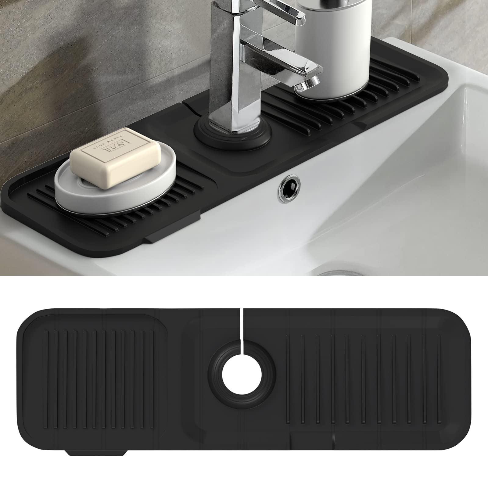 Kitchen Sink Splash Guard 17.7 * 5.5 Inch, Toovem Faucet Handle Drip Catcher Tray, Longer Silicone Sink Faucet Mat, Dish Soap Sponge Holder for Kitchen, Bathroom, Farmhouse, Bar & Rv, Black