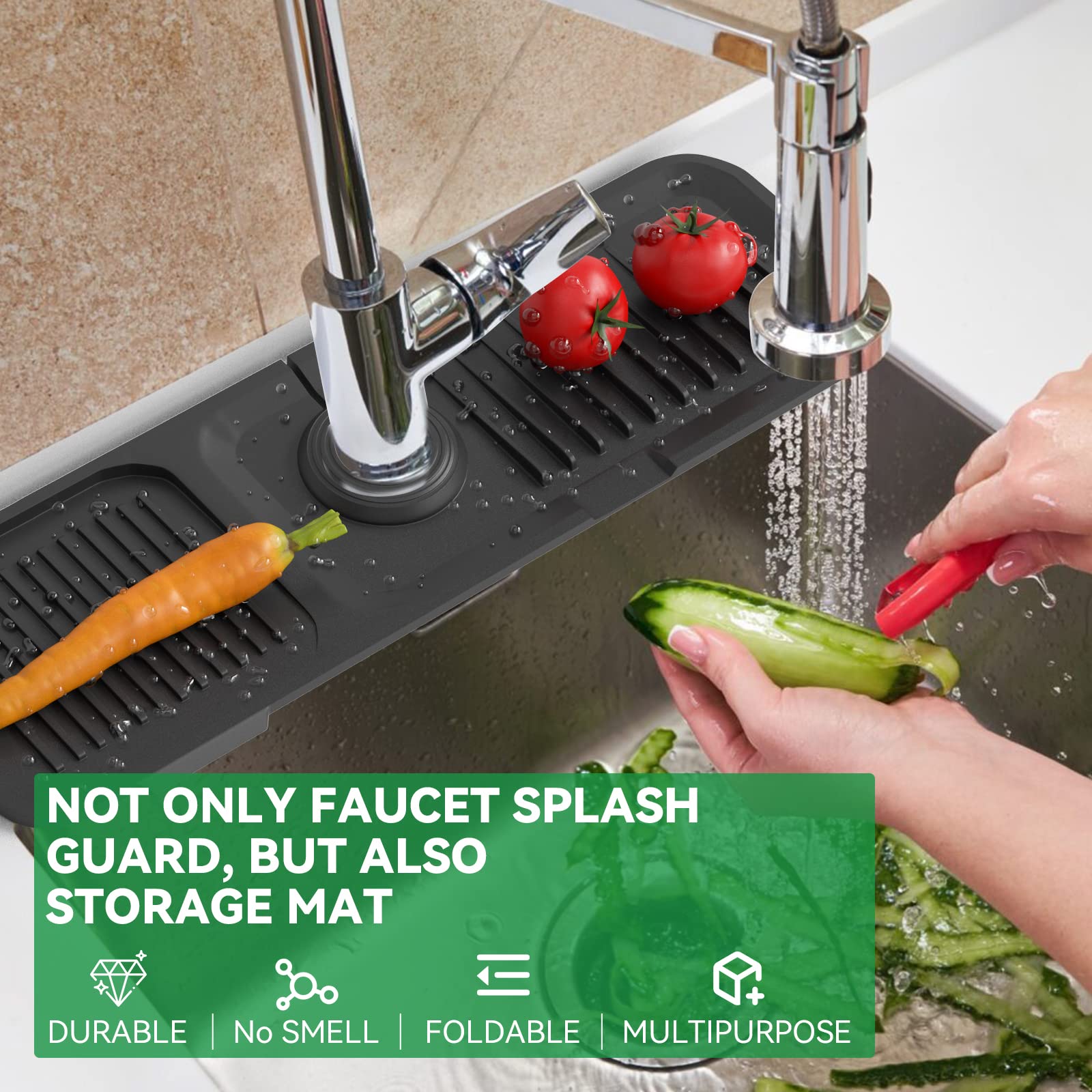 Kitchen Sink Splash Guard 17.7 * 5.5 Inch, Toovem Faucet Handle Drip Catcher Tray, Longer Silicone Sink Faucet Mat, Dish Soap Sponge Holder for Kitchen, Bathroom, Farmhouse, Bar & Rv, Black