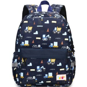 Lanola Cute Backpack Kids for Boys Toddler Backpack Preschool School or Travel Bags with Chest Strap -Dark Blue Truck