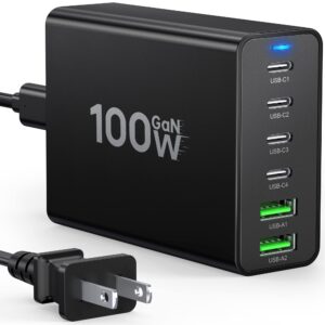 usb c fast charger 100w gan 6 port type usb c charging block station hub usb c wall charger power strip adapter 4 usb c and 2 qc usb a for ipad iphone 15 14 13 12 11 pro max pixel note samsung galaxy