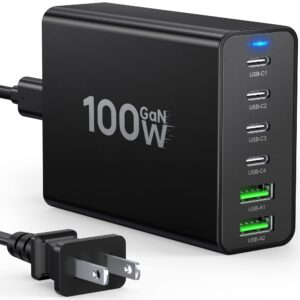 USB C Fast Charger 100W GaN 6 Port Type USB C Charging Block Station Hub USB C Wall Charger Power Strip Adapter 4 USB C and 2 QC USB A for iPad iPhone 15 14 13 12 11 Pro Max Pixel Note Samsung Galaxy