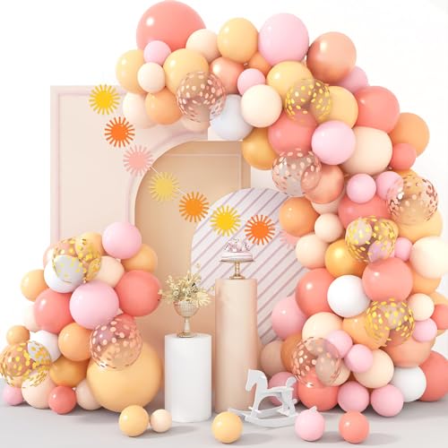 143Pcs Boho Daisy Balloon Garland Arch Kit, Peach Dusty Rose Pink Orange Sun Nude Gold Confetti Balloons 1st Birthday Decorations for Girls Baby Shower Birthday Party Decorations Supplies