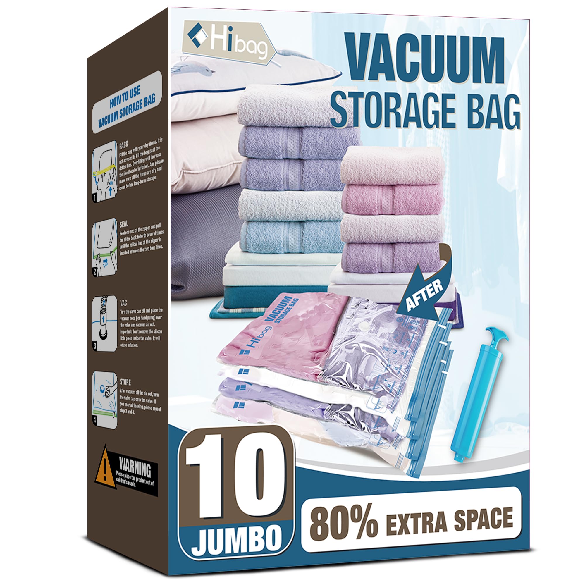 HIBAG Vacuum Storage Bags, 10 Jumbo Space Saver Vacuum Seal Bags, Space Bags, Vacuum Sealer Bags for Clothes, Comforters, Blankets, Bedding (10J)