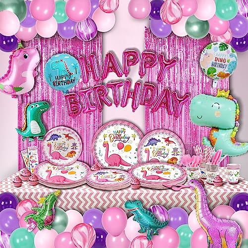 Party Spot! 150 pcs Dinosaur Birthday Party Supplies For Girls (Serves 12), Pink Dinosaur Party Decorations, 50 pcs Latex Balloons, 12 sets Tableware, Plates, Tablecloth, Installation Tools