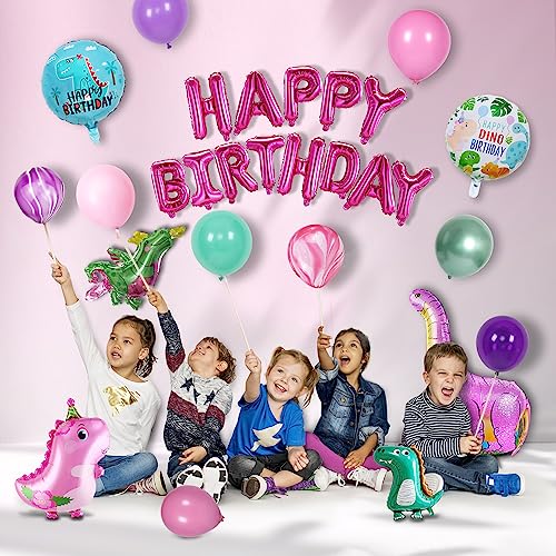 Party Spot! 150 pcs Dinosaur Birthday Party Supplies For Girls (Serves 12), Pink Dinosaur Party Decorations, 50 pcs Latex Balloons, 12 sets Tableware, Plates, Tablecloth, Installation Tools