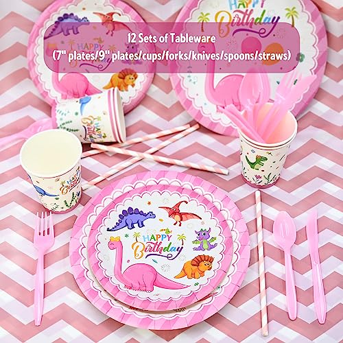 Party Spot! 150 pcs Dinosaur Birthday Party Supplies For Girls (Serves 12), Pink Dinosaur Party Decorations, 50 pcs Latex Balloons, 12 sets Tableware, Plates, Tablecloth, Installation Tools