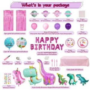 Party Spot! 150 pcs Dinosaur Birthday Party Supplies For Girls (Serves 12), Pink Dinosaur Party Decorations, 50 pcs Latex Balloons, 12 sets Tableware, Plates, Tablecloth, Installation Tools