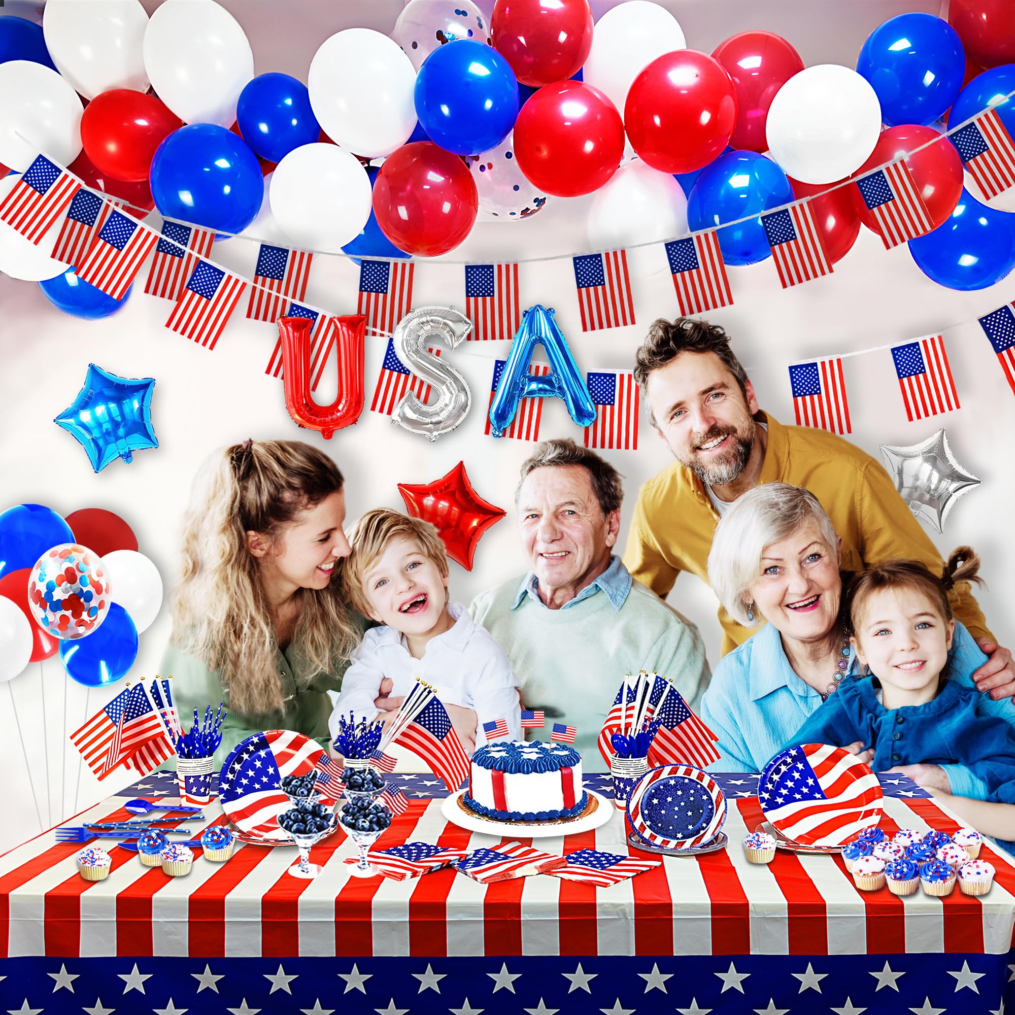 Party Spot! 315 pcs Labor Day Decorations, 4th of July Party decorations, Tableware for 25 Guests, Patriotic Party Decorations, Independence Day Decoration Supplies, “USA” Balloons, Tablecloth, Flag