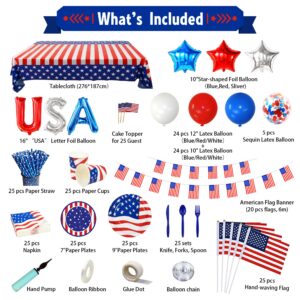 Party Spot! 315 pcs Labor Day Decorations, 4th of July Party decorations, Tableware for 25 Guests, Patriotic Party Decorations, Independence Day Decoration Supplies, “USA” Balloons, Tablecloth, Flag