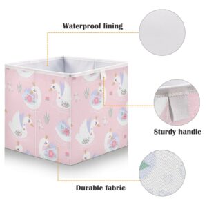 WELLDAY Storage Basket Cute Swans Pink Foldable 15.8 x 10.6 x 7 In Cube Storage Bin Home Decor Organizer Storage Baskets Box for Toys, Books, Shelves, Closet, Laundry, Nursery