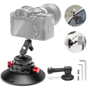 neewer 6" camera suction mount with ball head magic arm, 1/4" 3/8" arri mounting holes, metal car mount for gopro action camera/camera/phone, air pump vacuum suction cup on car or window glass, ca013