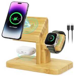 3 in 1 wireless charging station for apple devices, cairock fast 20w magnetic bamboo charger stand dock for iphone 15/14/13/12 pro/max/plus, for apple watch 8/7/6/5/4/3/2/se, for airpods pro/2/3