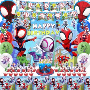 spidey and his amazing friends birthday party decorations, spidey and his amazing friends party supplies include backdrop, banner, foil balloons, tablecloth