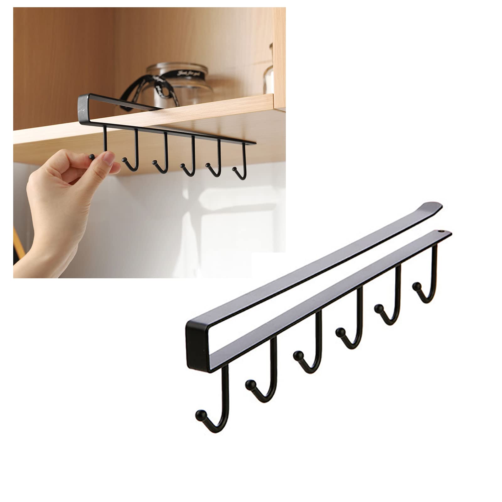 Gouccpu 1 Pack Hanging Hooks Rack Under Cupboard Cabinet Cup Holder Coffee Mug Holder 6 Hooks Drilling Free Coffee Cups Holder Kitchen Utensil Storage Organizer Hook Rack (Black)