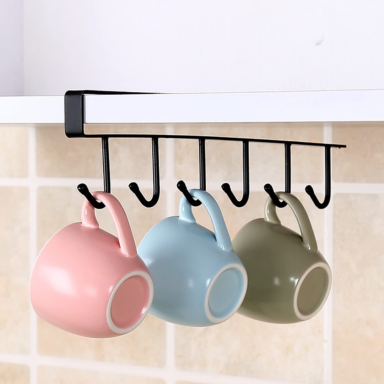 Gouccpu 1 Pack Hanging Hooks Rack Under Cupboard Cabinet Cup Holder Coffee Mug Holder 6 Hooks Drilling Free Coffee Cups Holder Kitchen Utensil Storage Organizer Hook Rack (Black)