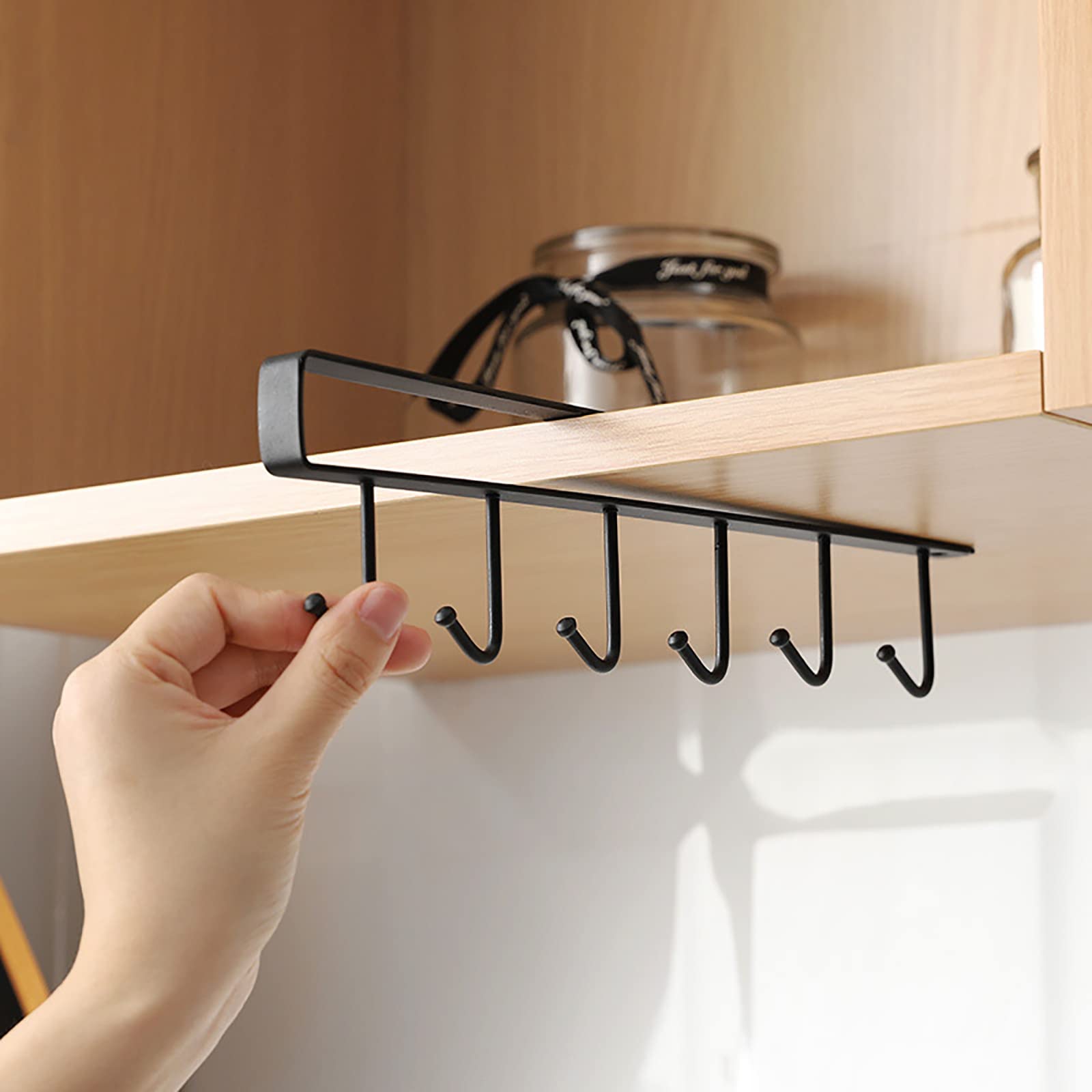 Gouccpu 1 Pack Hanging Hooks Rack Under Cupboard Cabinet Cup Holder Coffee Mug Holder 6 Hooks Drilling Free Coffee Cups Holder Kitchen Utensil Storage Organizer Hook Rack (Black)