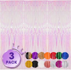 voircoloria 3 pack 3.3x8.2 feet iridescent transparent foil fringe backdrop curtains, tinsel streamers birthday party decorations, fringe backdrop for graduation baby shower gender reveal disco party
