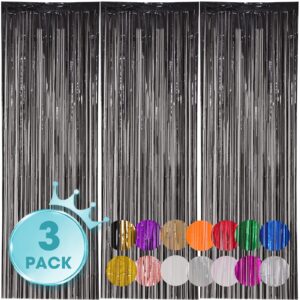 voircoloria 3 pack 3.3x8.2 feet black foil fringe backdrop curtains, tinsel streamers birthday party decorations, fringe backdrop for graduation, baby shower, gender reveal, disco party