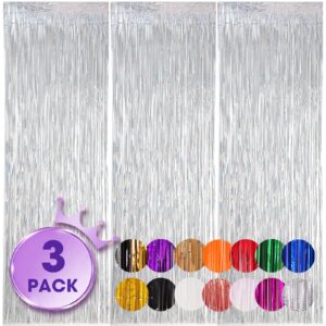 voircoloria 3 pack 3.3x8.2 feet laser silver foil fringe backdrop curtains, tinsel streamers birthday party decorations, fringe backdrop for graduation, baby shower, gender reveal, disco party