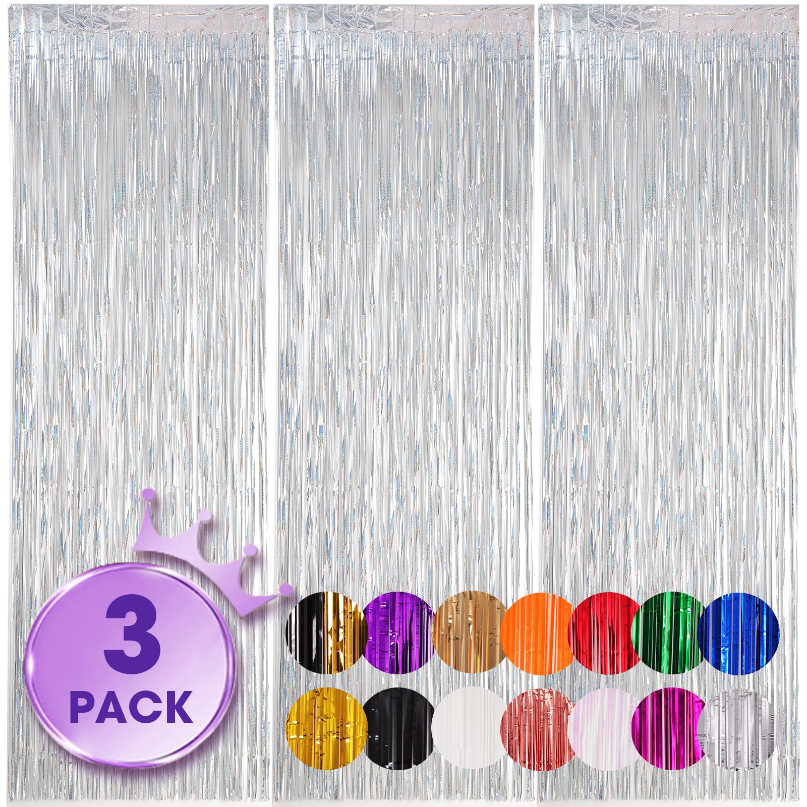 Voircoloria 3 Pack 3.3x8.2 Feet Laser Silver Foil Fringe Backdrop Curtains, Tinsel Streamers Birthday Party Decorations, Fringe Backdrop for Graduation, Baby Shower, Gender Reveal, Disco Party