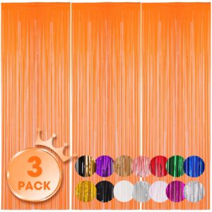 voircoloria 3 pack 3.3x8.2 feet orange foil fringe backdrop curtains, tinsel streamers birthday party decorations, fringe backdrop for graduation, baby shower, gender reveal, disco party