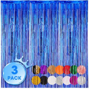 voircoloria 3 pack 3.3x8.2 feet blue foil fringe backdrop curtains, tinsel streamers birthday party decorations, fringe backdrop for graduation, baby shower, gender reveal, disco party