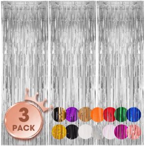 voircoloria 3 pack 3.3x8.2 feet silver foil fringe backdrop curtains, tinsel streamers birthday party decorations, fringe backdrop for graduation, baby shower, gender reveal, disco party